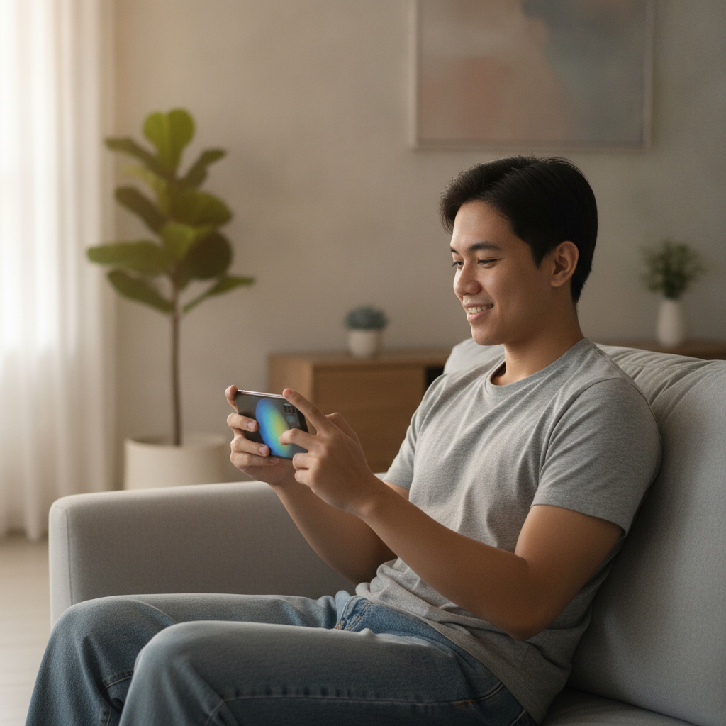 Filipino player holding smartphone to start playing at Win City casino
